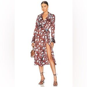 Revolve Equipment Morgon 100% Silk Wrap Midi Dress in Dream Blue Muli. Sz M NWT!